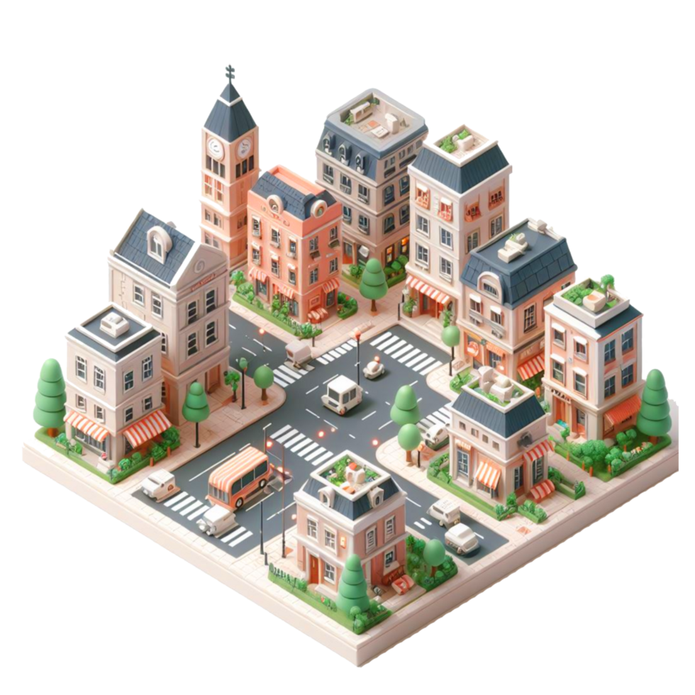 cute small city, 3d game isometric, detailed. PNG Free