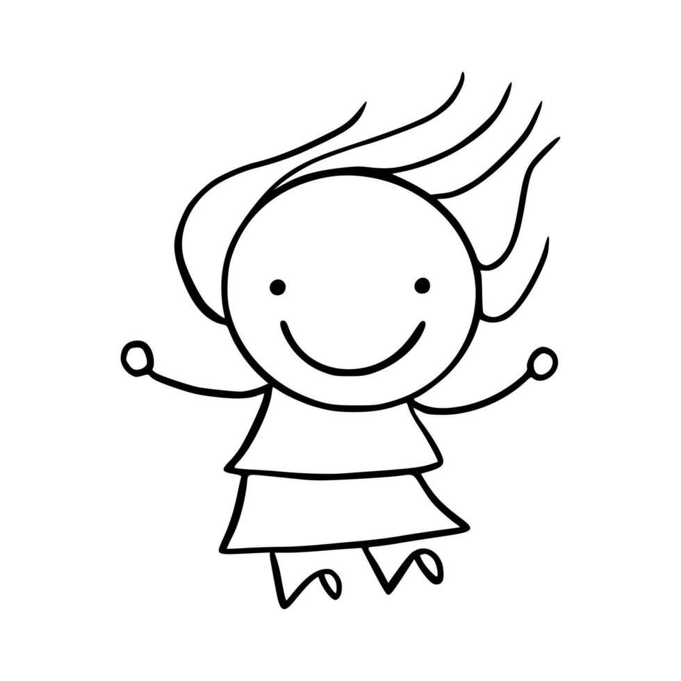 Hand-Drawn Line Art Cartoon of Happy Kids. Children Illustration. vector