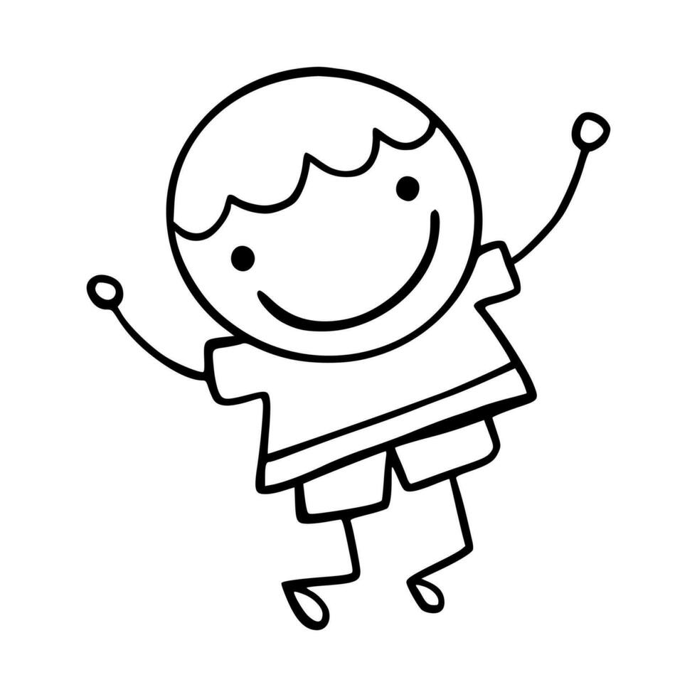 Hand-Drawn Line Art Cartoon of Happy Kids. Children Illustration. vector