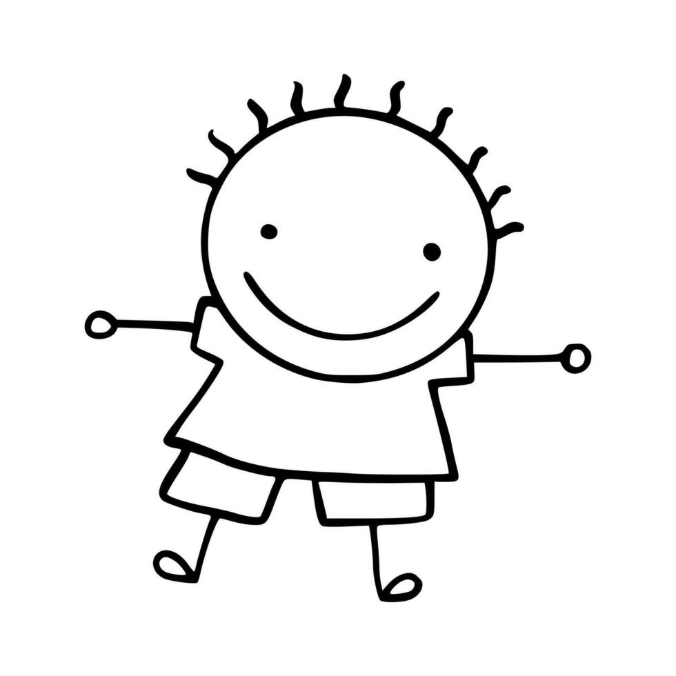 Hand-Drawn Line Art Cartoon of Happy Kids. Children Illustration. vector