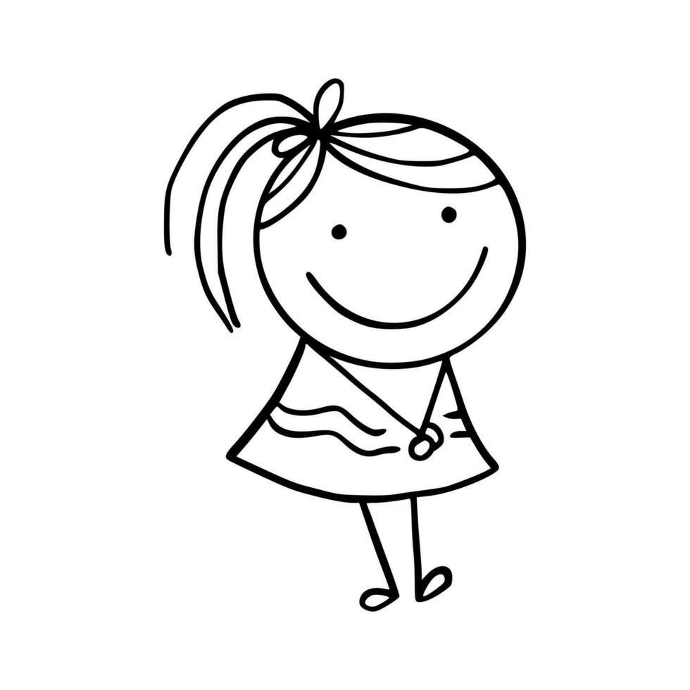 Hand-Drawn Line Art Cartoon of Happy Kids. Children Illustration. vector