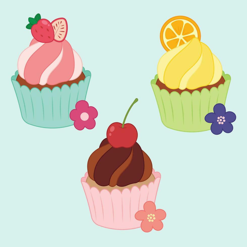 Cute Cupcake designs decoration fruit vector