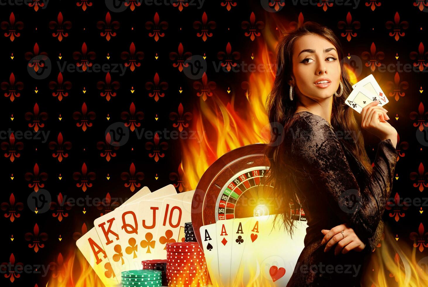 Smiling model in black dress showing two aces. Posing on colorful background with playing cards, roulette and chips. Poker, casino. Close-up photo