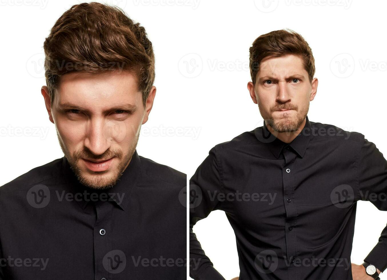 hermoso hombre en un negro camisa hace caras, en pie en contra un blanco antecedentes foto