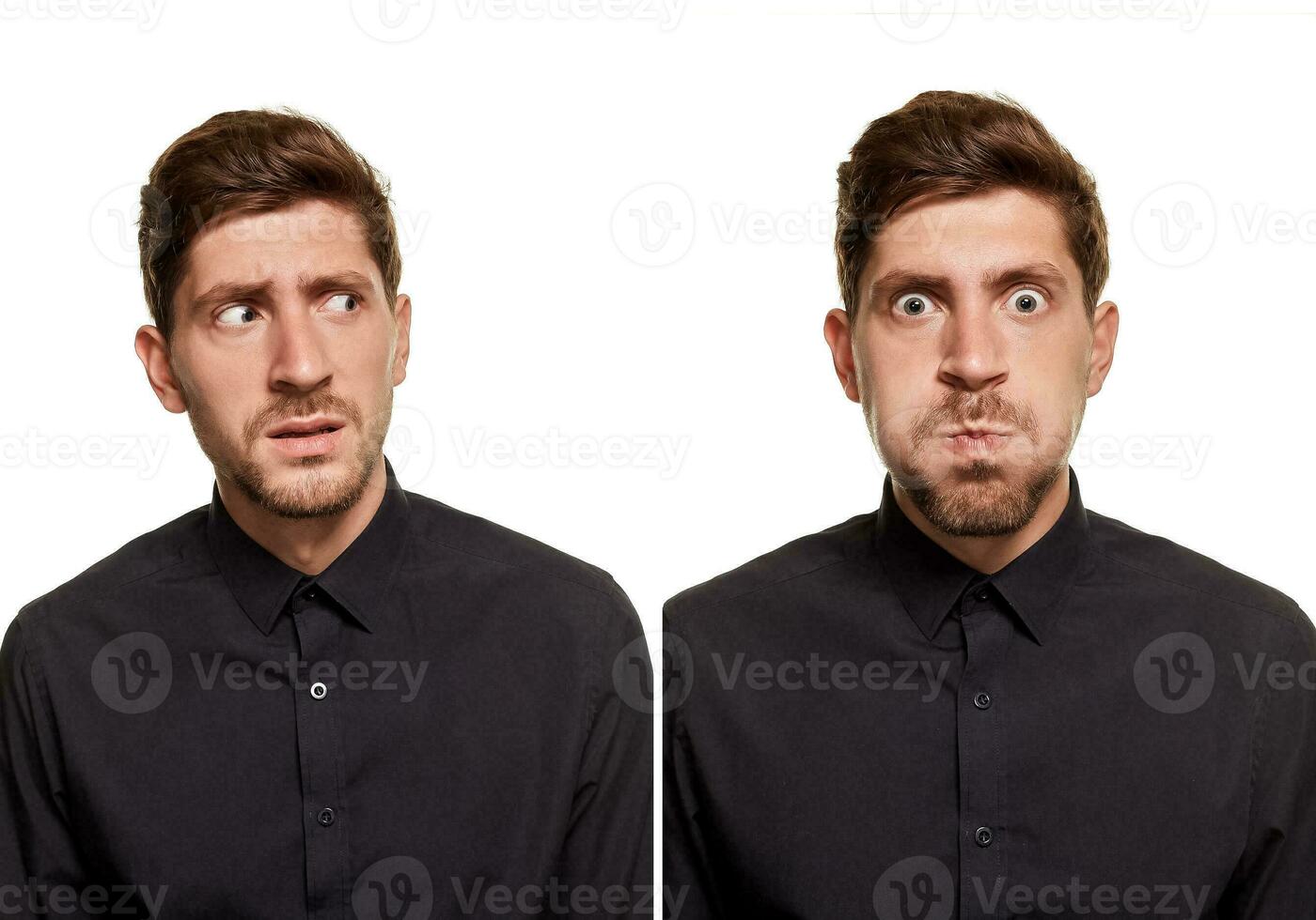 hermoso hombre en un negro camisa hace caras, en pie en contra un blanco antecedentes foto