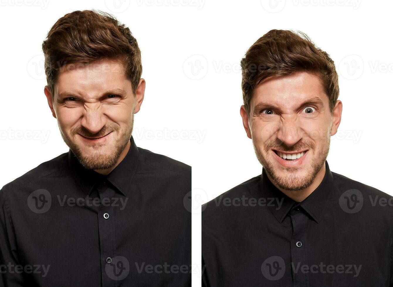 hermoso hombre en un negro camisa hace caras, en pie en contra un blanco antecedentes foto