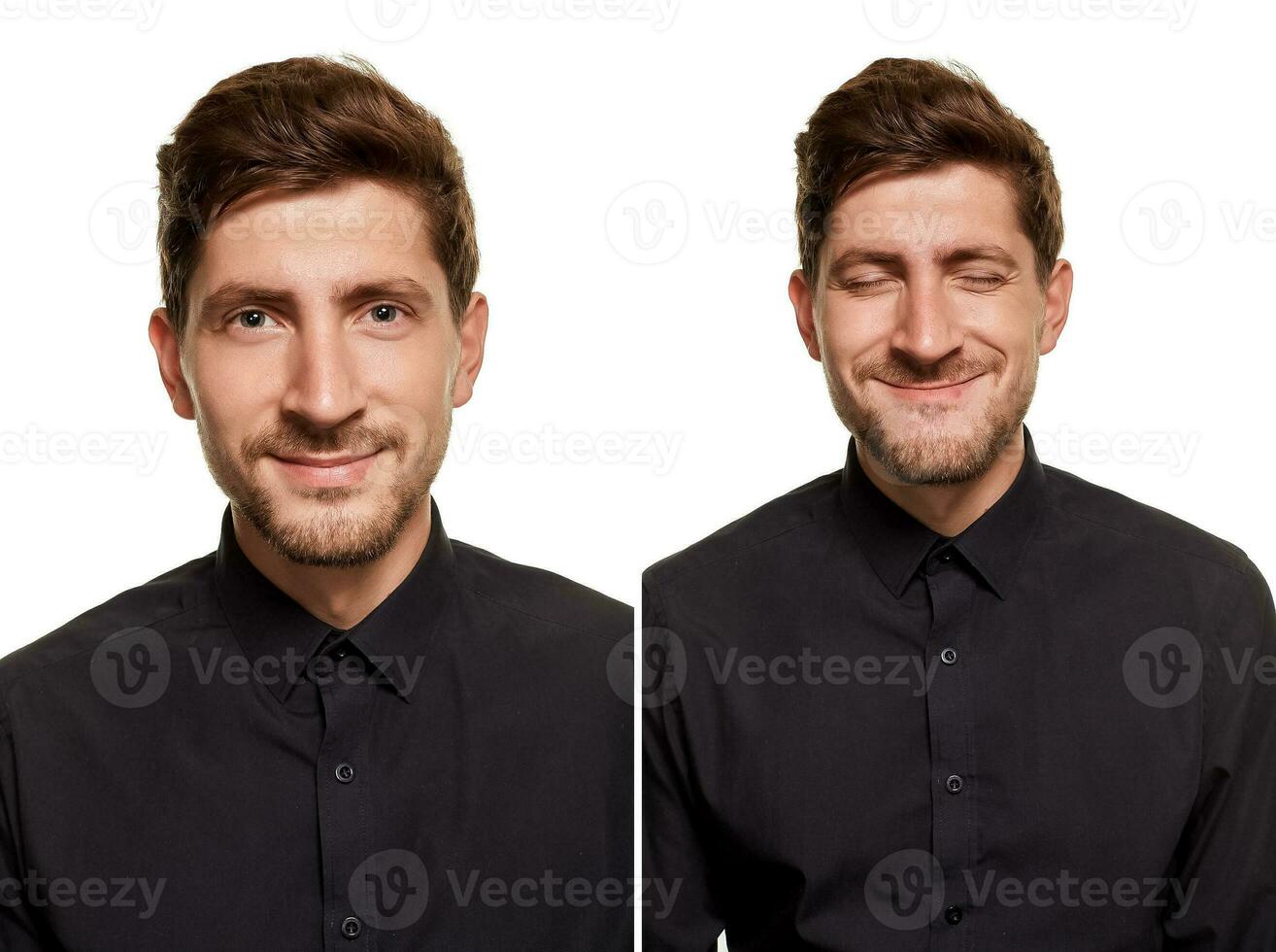 hermoso hombre en un negro camisa hace caras, en pie en contra un blanco antecedentes foto