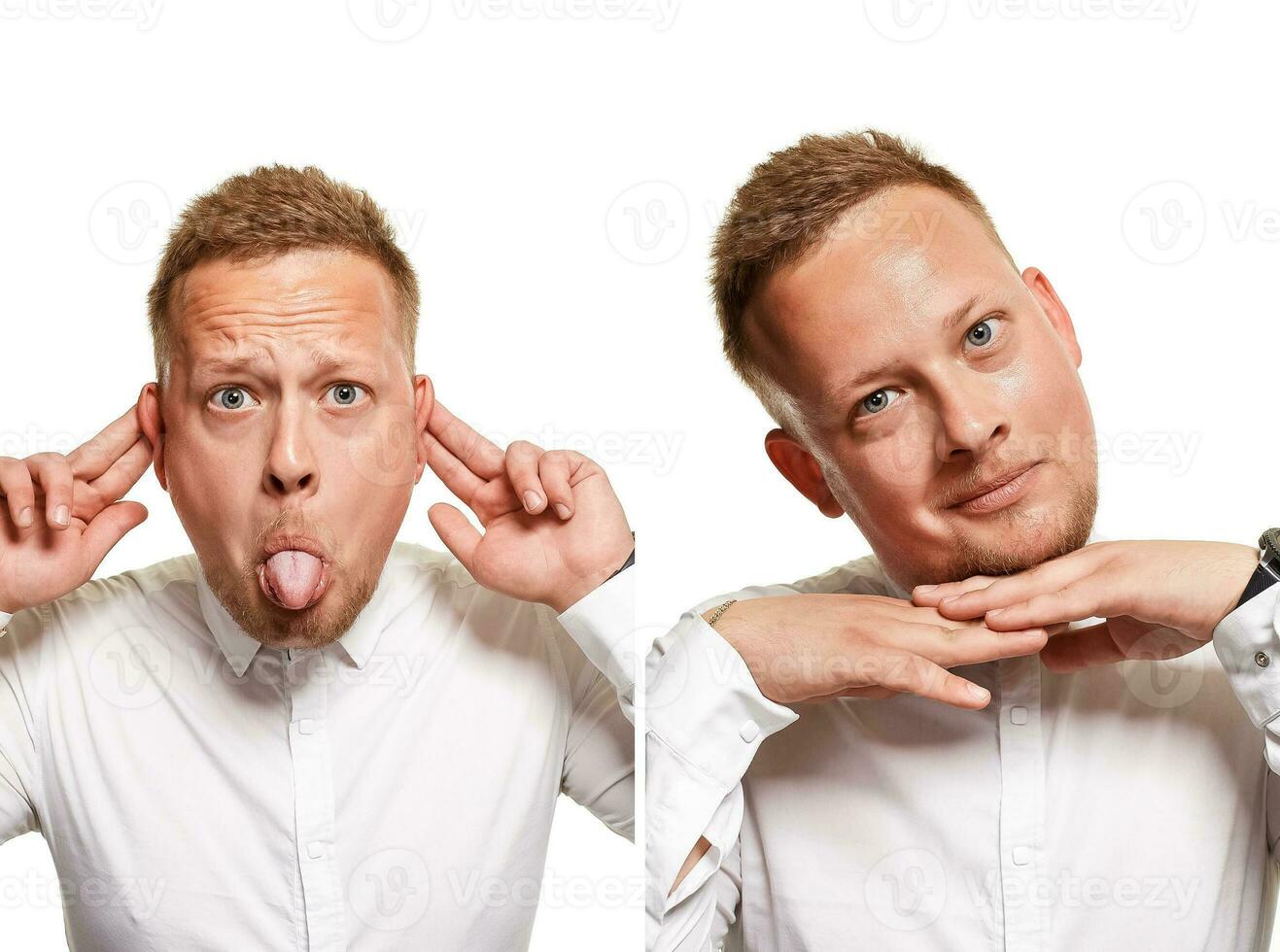 Studio portrait of young grimacing man in white photo