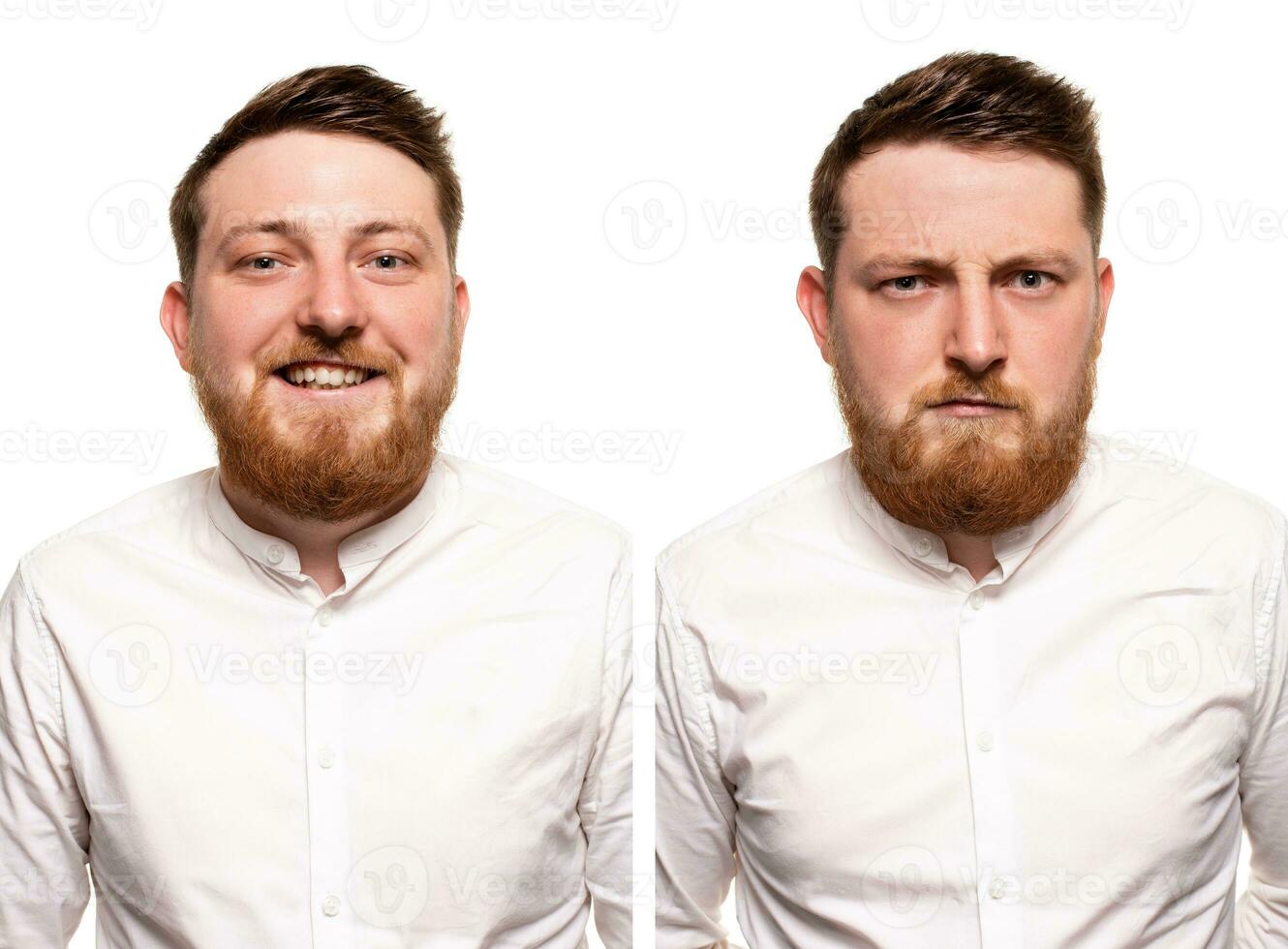 Studio portrait of young handsome smiling and serious ginger man with beard photo