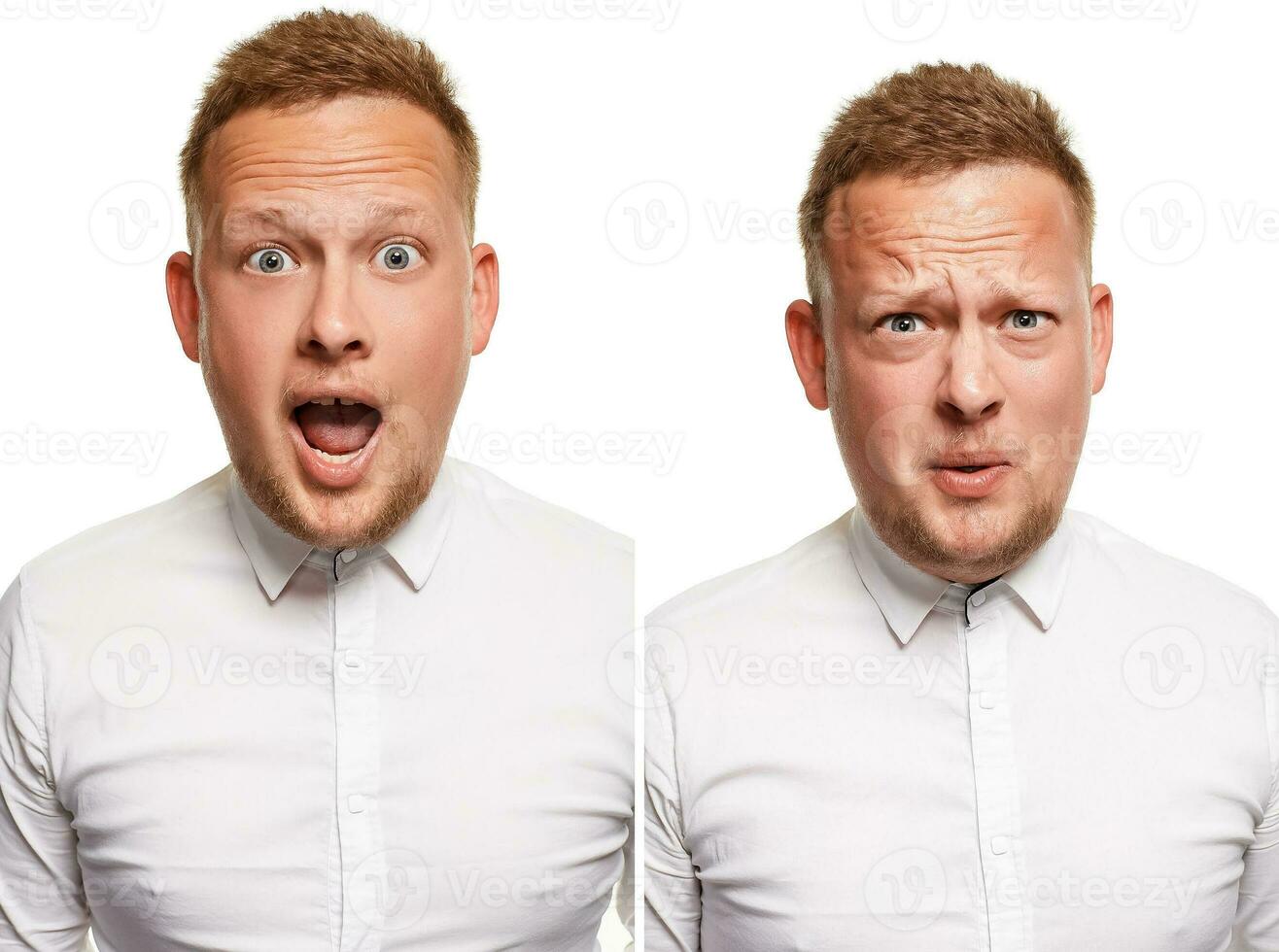 estudio retrato de joven hermoso sorprendido y lo siento hombre foto