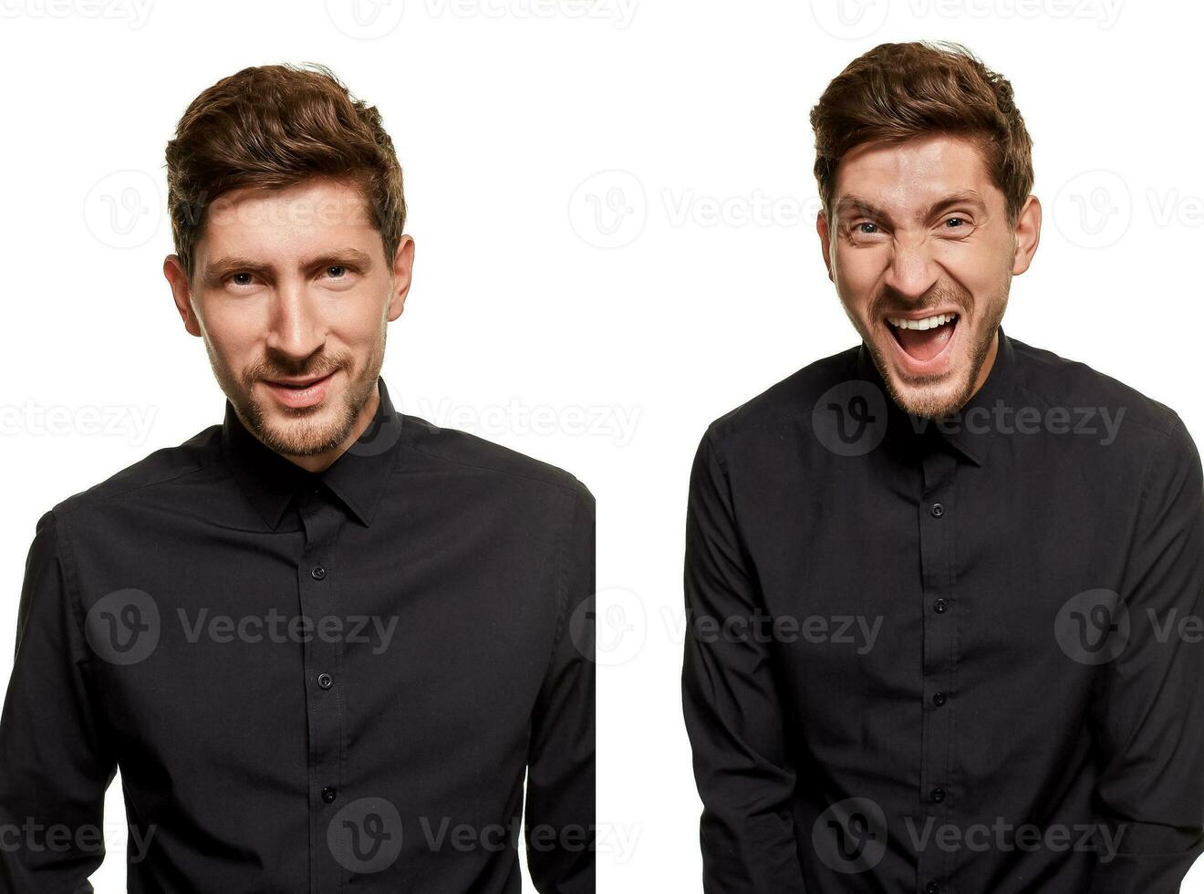 Handsome man in a black shirt makes faces, standing against a white background photo