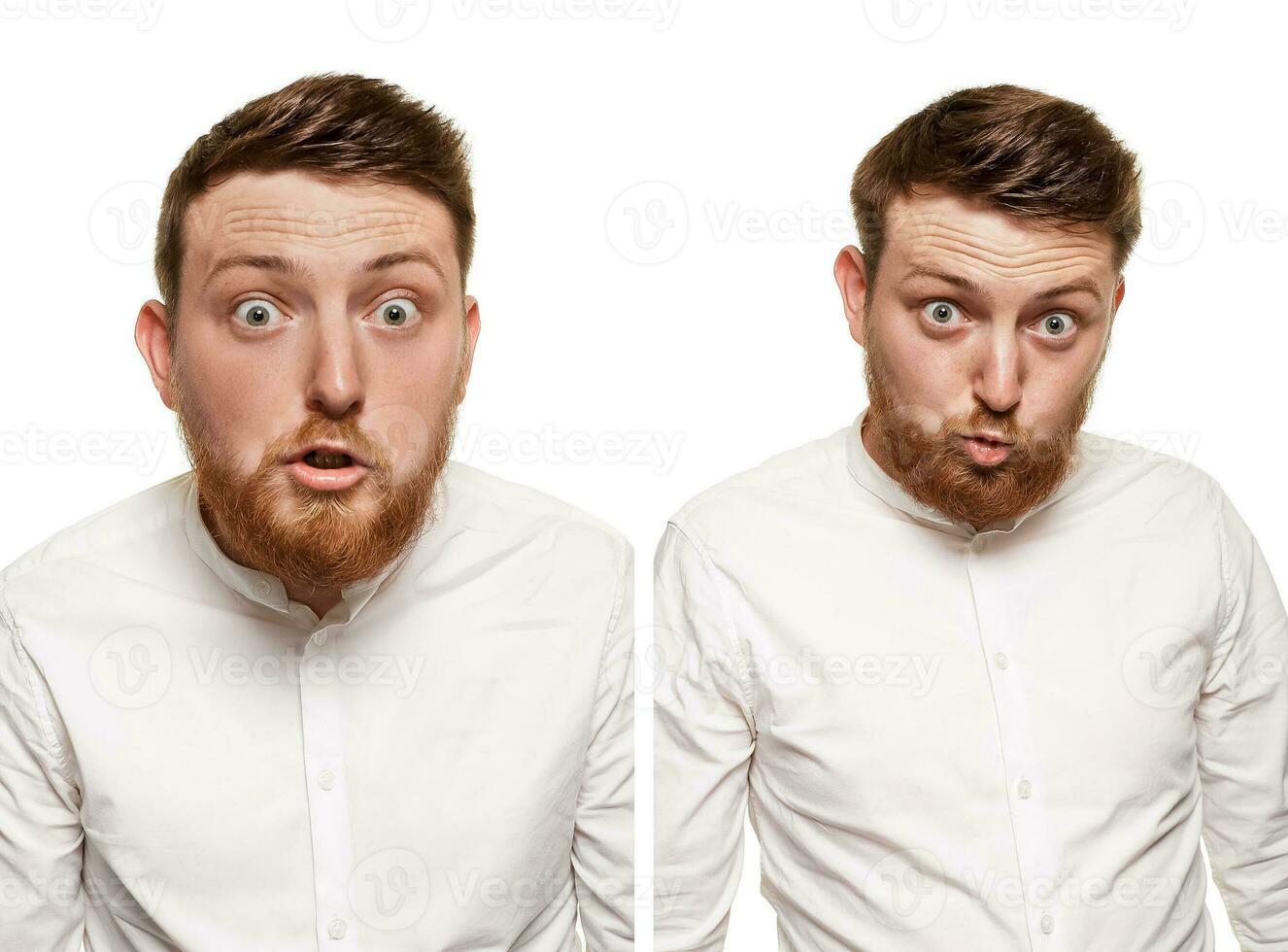 estudio retrato de joven hermoso sorprendido hombre foto