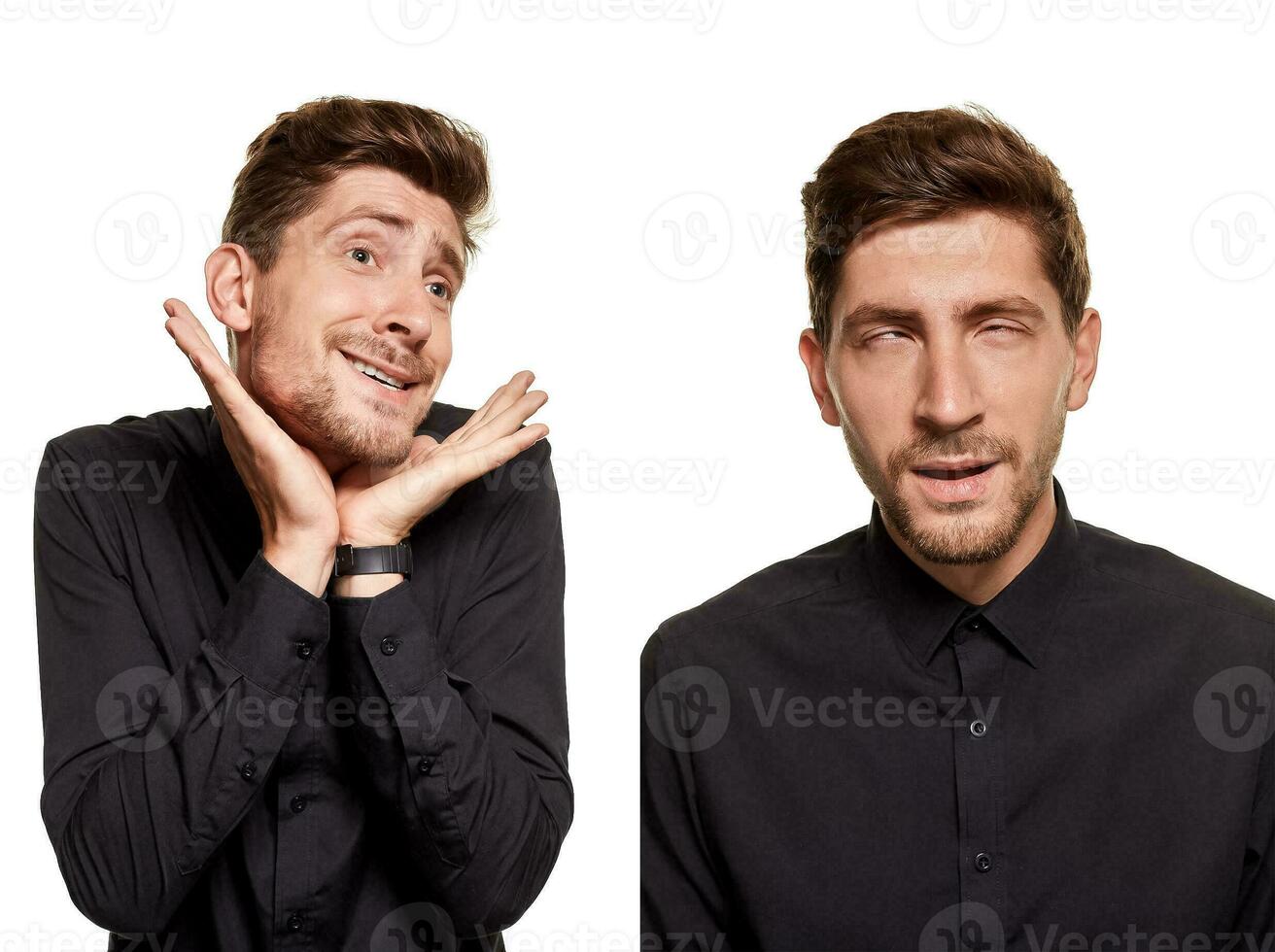 hermoso hombre en un negro camisa hace caras, en pie en contra un blanco antecedentes foto