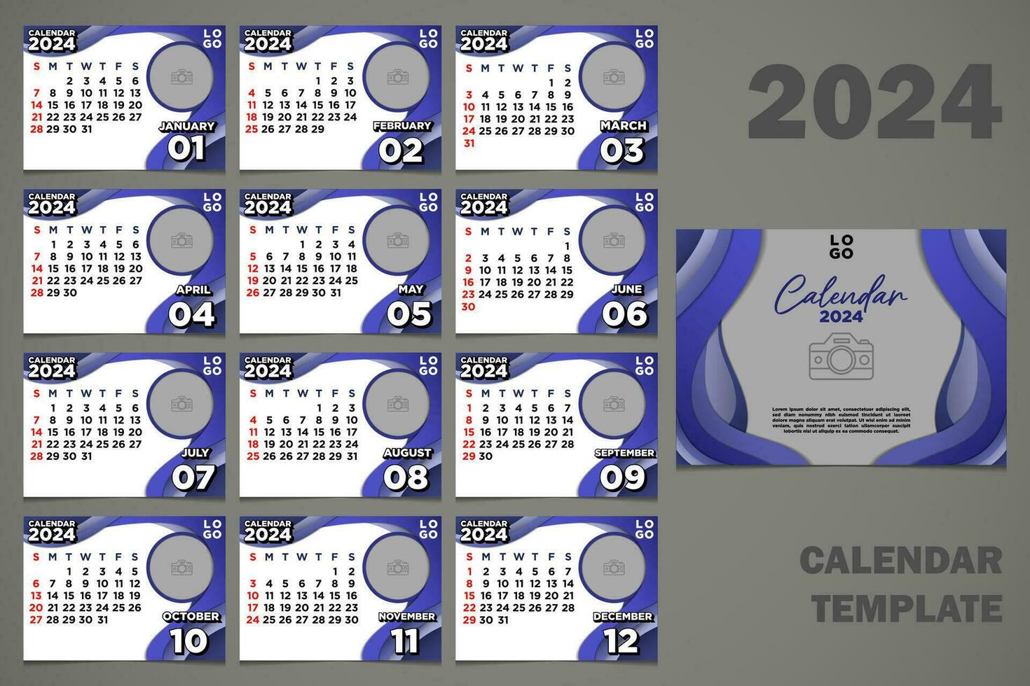 Vector Desk Calendar 2024 Template Paper Cut Purple Blue Themes