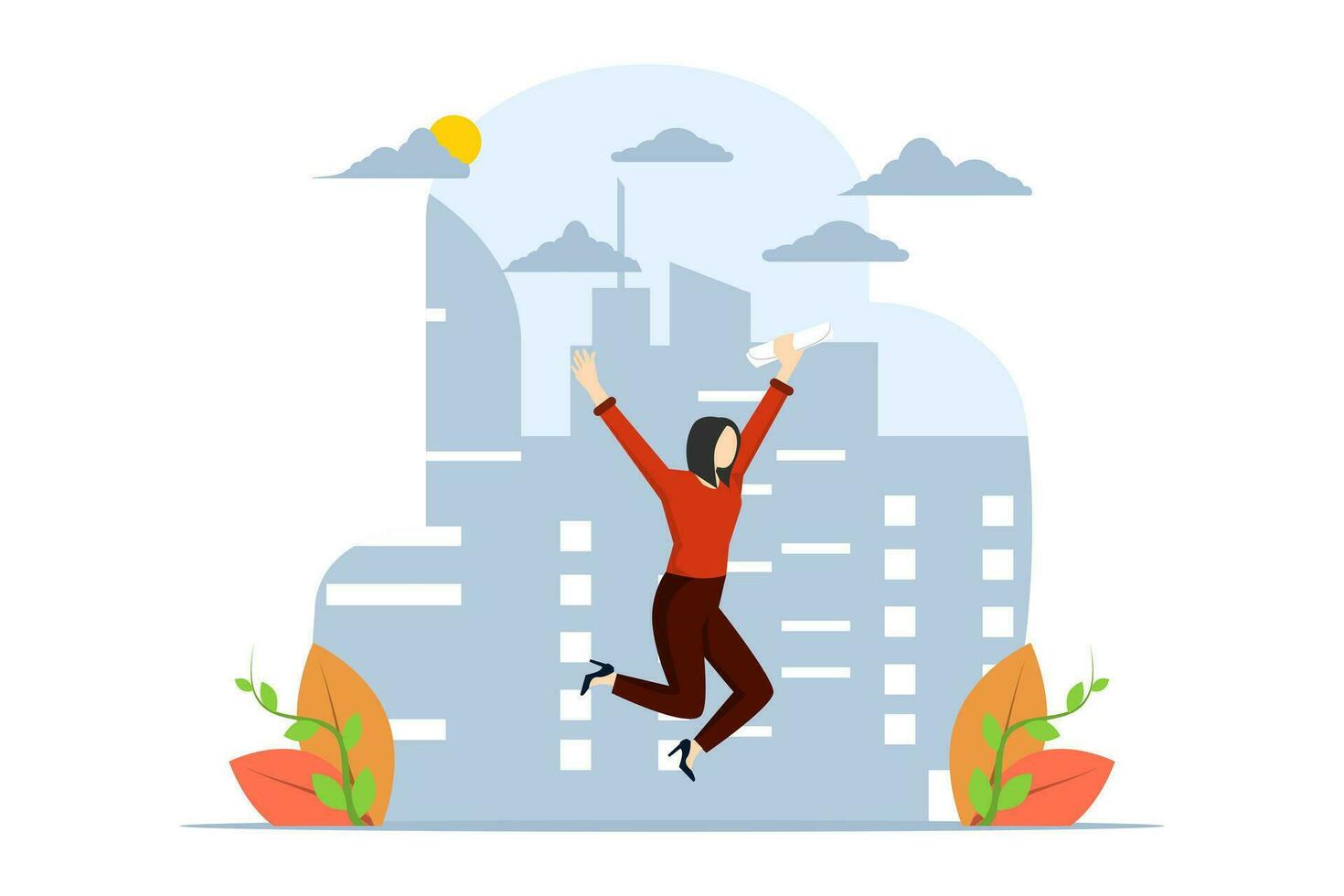 Concept of joy over an achievement, a character in a business suit happily jumping holding papers, happy man, proud of success in business. brilliant career. flat vector illustration.