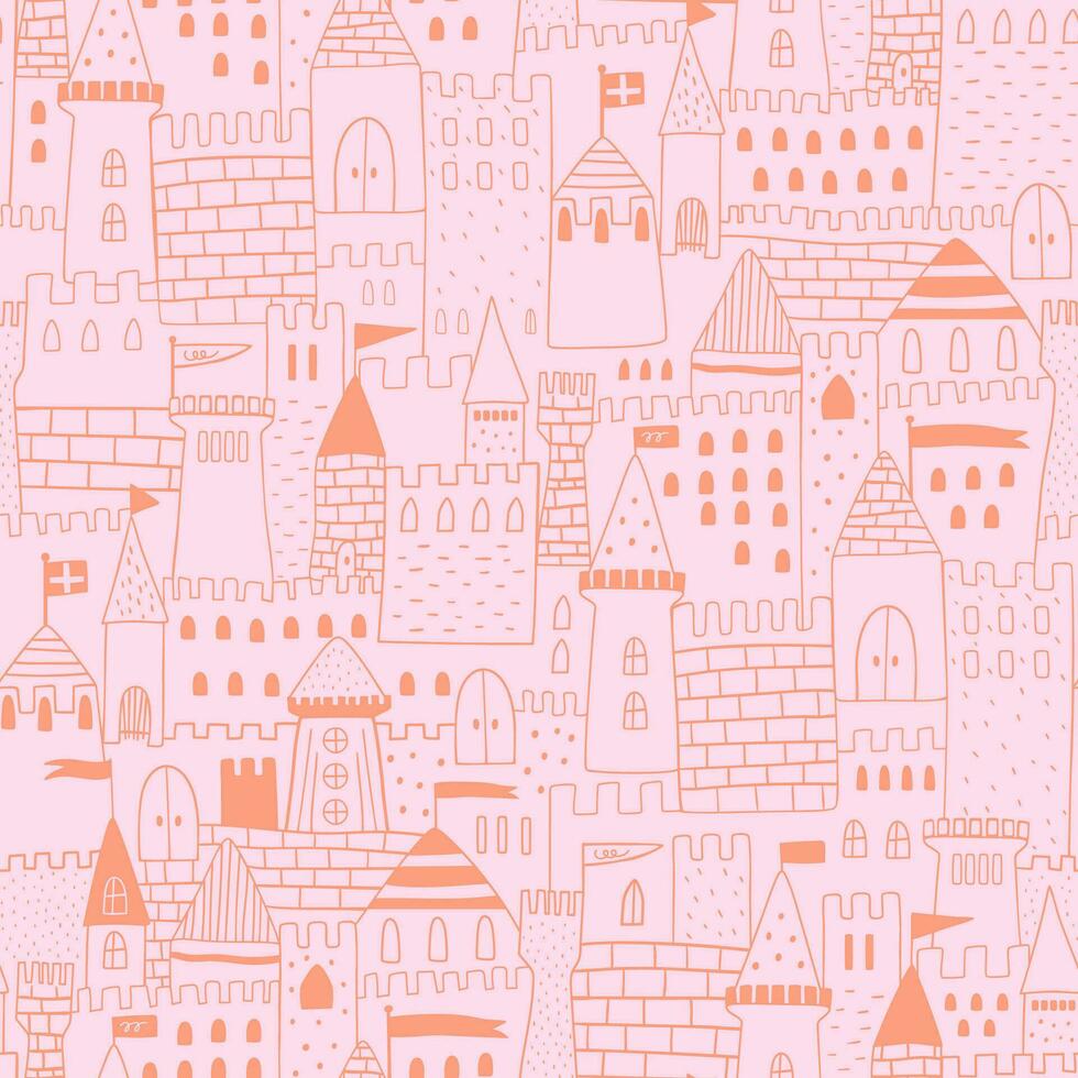 Pink princess castle seamless pattern. Doodle medieval tower silhouette repeat background. Vector cute buildings for baby girls fabric, textile design, wallpaper. Childish fairy tale print, wrap paper