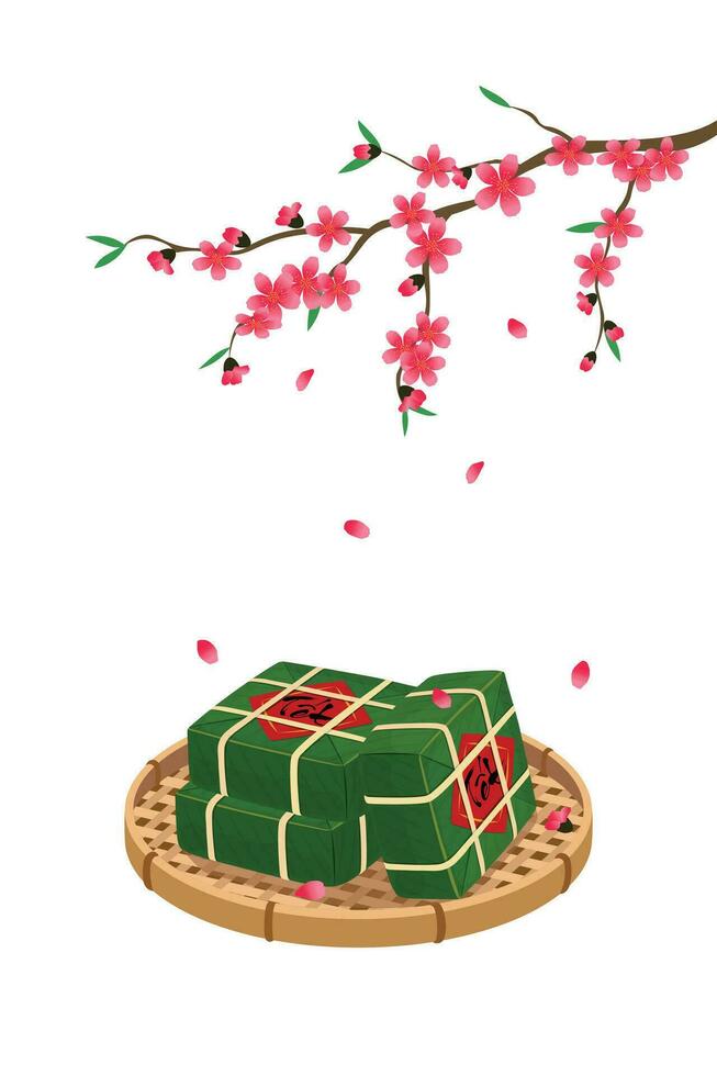 Vietnamese sticky rice cake on bamboo string hopper tray and peach blossom. Elements for Tet holiday, Vietnamese Lunar New Year vector