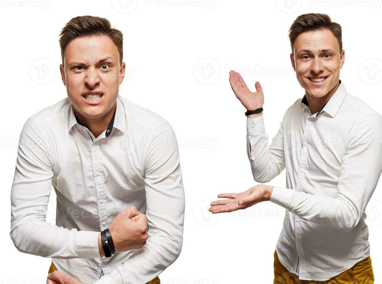 Young man with an expressive face, wearing white shirt, isolated on white background photo