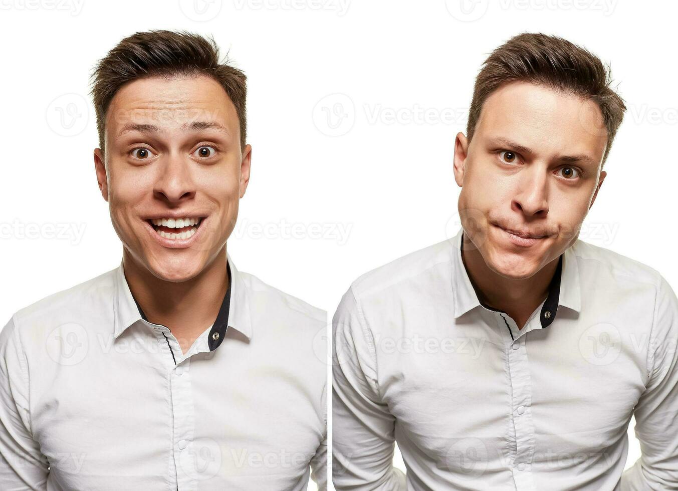 Young man with an expressive face, wearing white shirt, isolated on white background photo