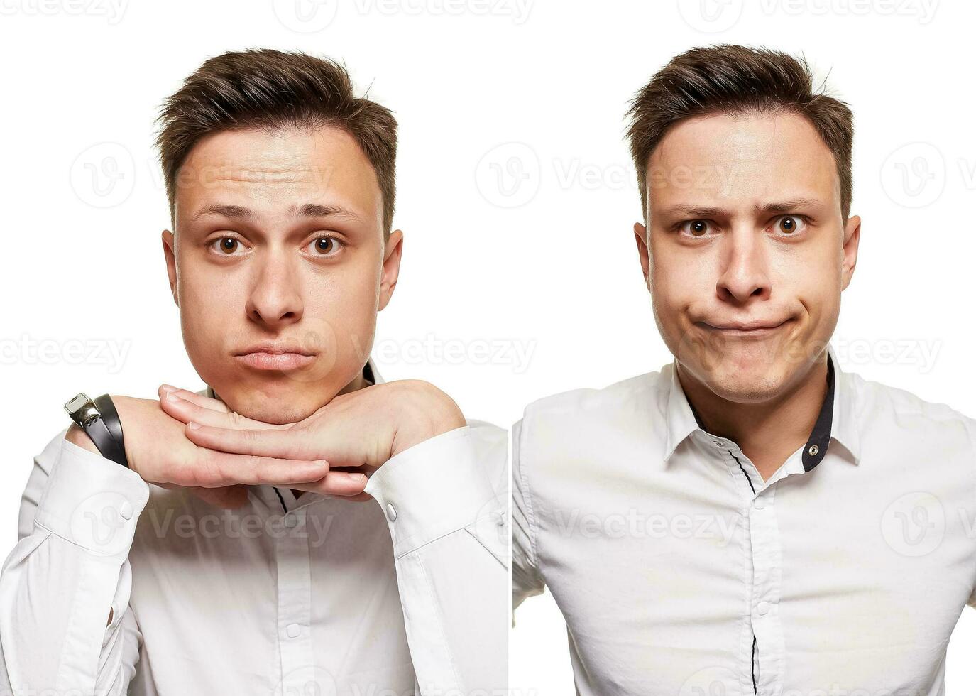Young man with an expressive face, wearing white shirt, isolated on white background photo