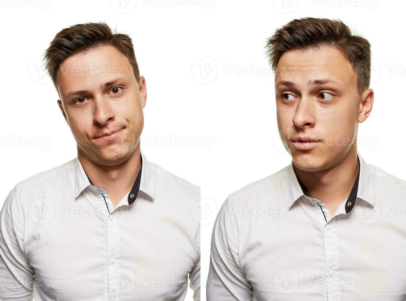 joven hombre con un expresivo rostro, vistiendo blanco camisa, aislado en blanco antecedentes foto