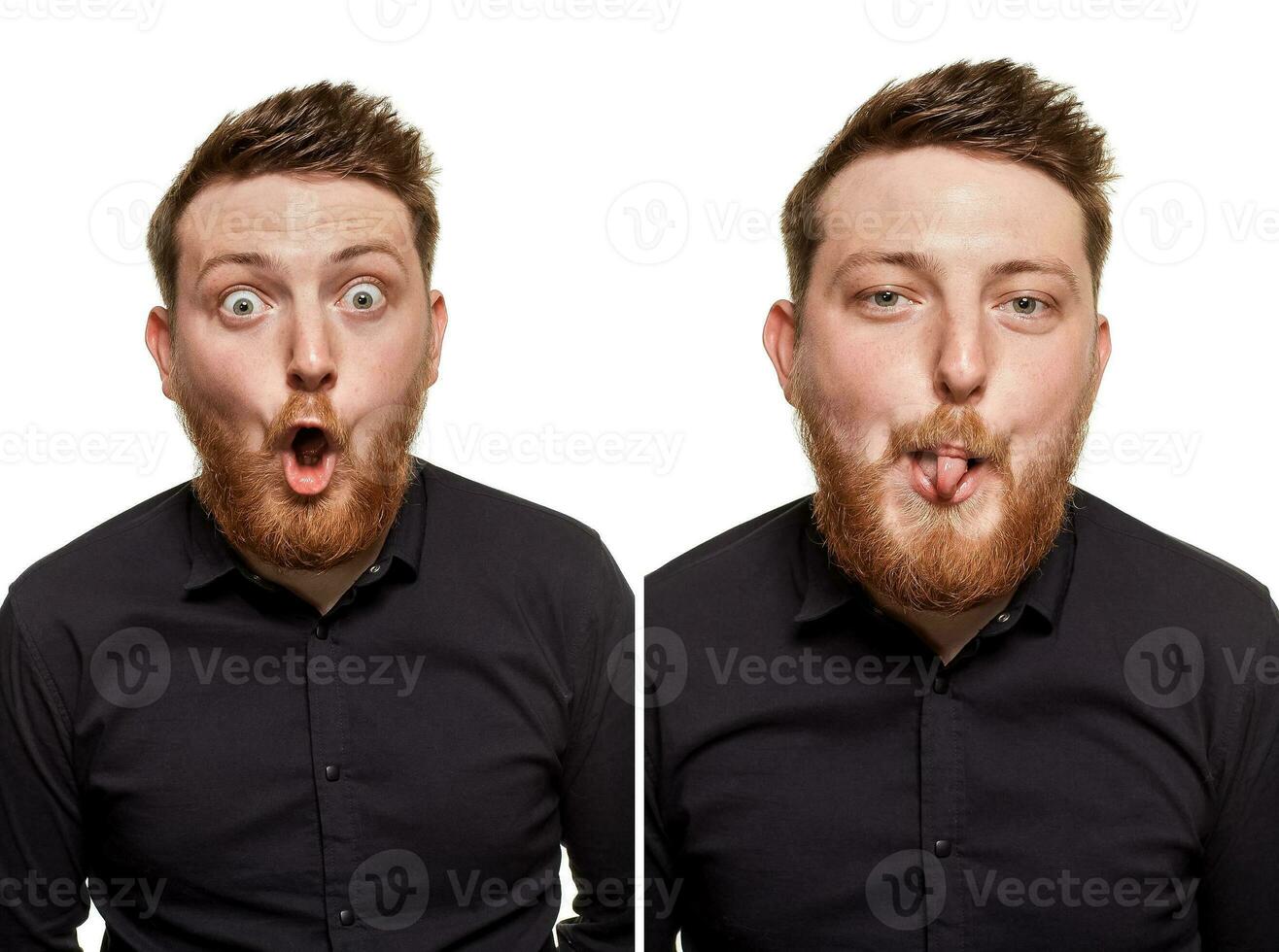 Brutal, attractive, bearded man poses in a black shirt, isolated on a white background photo