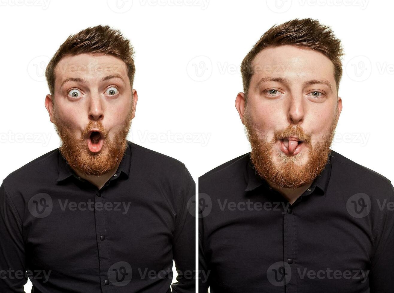 brutal, atractivo, barbado hombre poses en un negro camisa, aislado en un blanco antecedentes foto