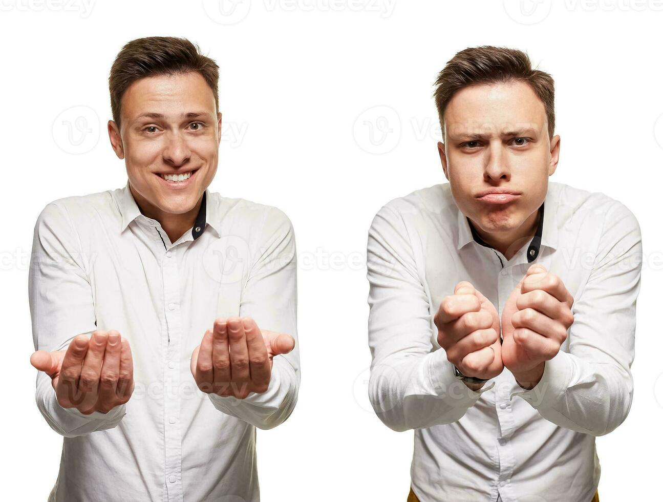 Young man with an expressive face, wearing white shirt, isolated on white background photo