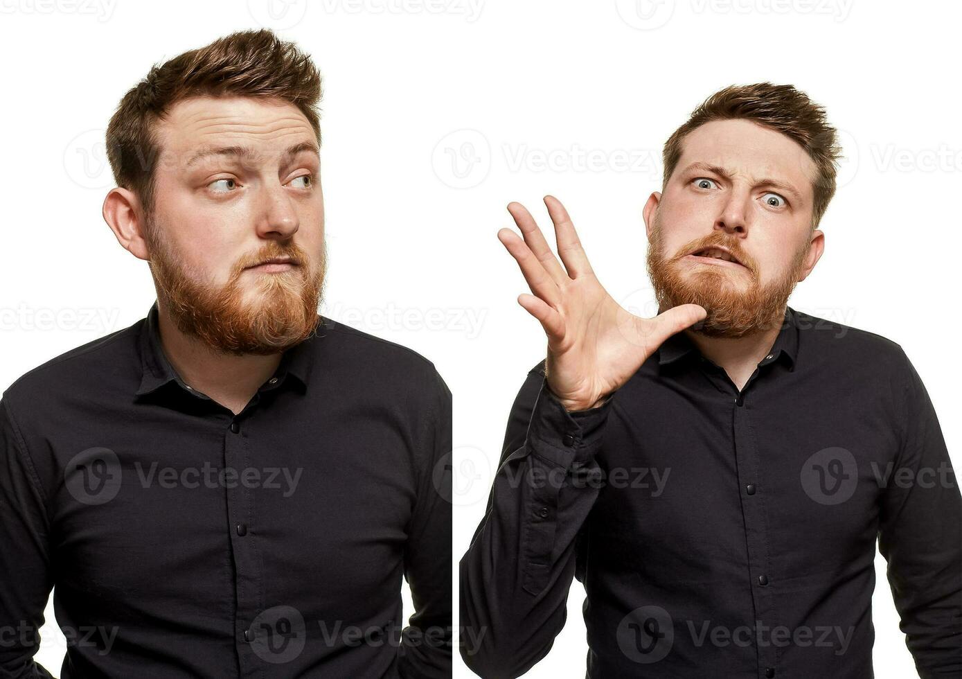 Brutal, attractive, bearded man poses in a black shirt, isolated on a white background photo