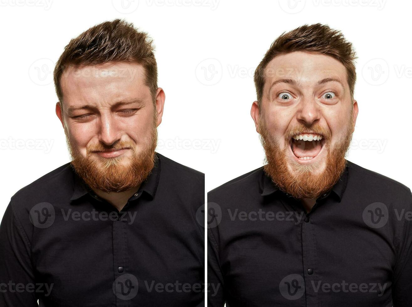 Studio portrait of a young man crying and laughing man photo