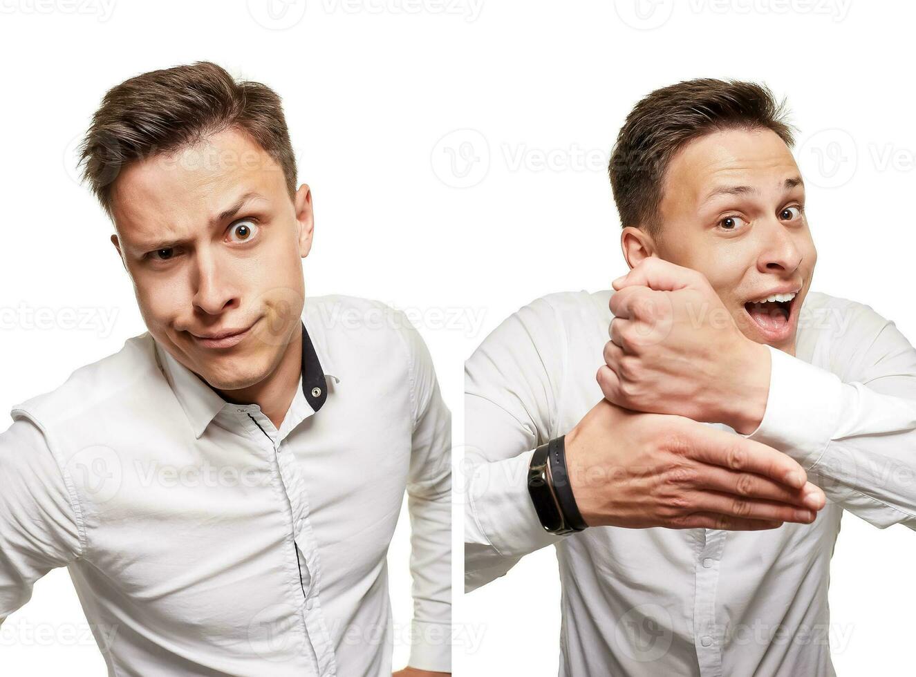 joven hombre con un expresivo rostro, vistiendo blanco camisa, aislado en blanco antecedentes foto