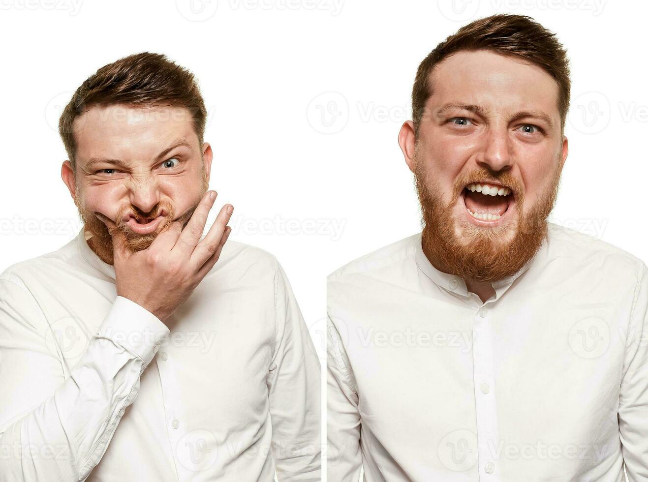 Studio portrait of young grimacing and laughing man photo