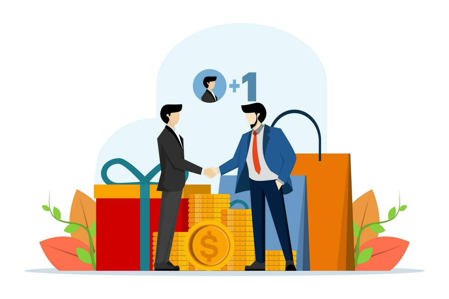 Concept of referring a friend, businessman making great offers, getting bonuses and cash back, online shopping, earning points, loyalty programs, discounts, customer service, flat vector illustration.