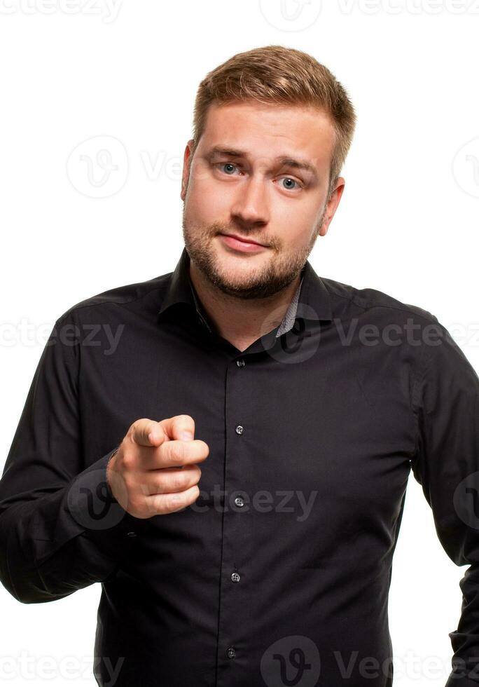 I choose you and order. The smiling business man point you, want you, half length closeup portrait on white studio background. photo