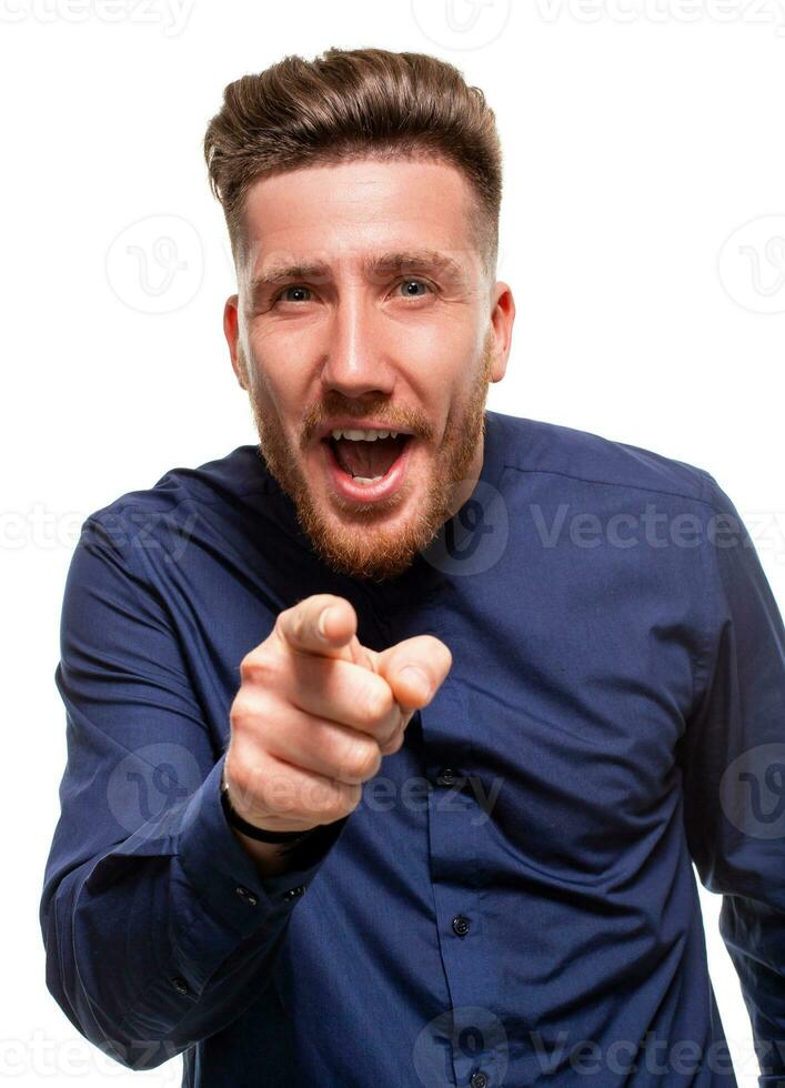 I choose you and order. The smiling business man point you, want you, half length closeup portrait on white studio background. photo