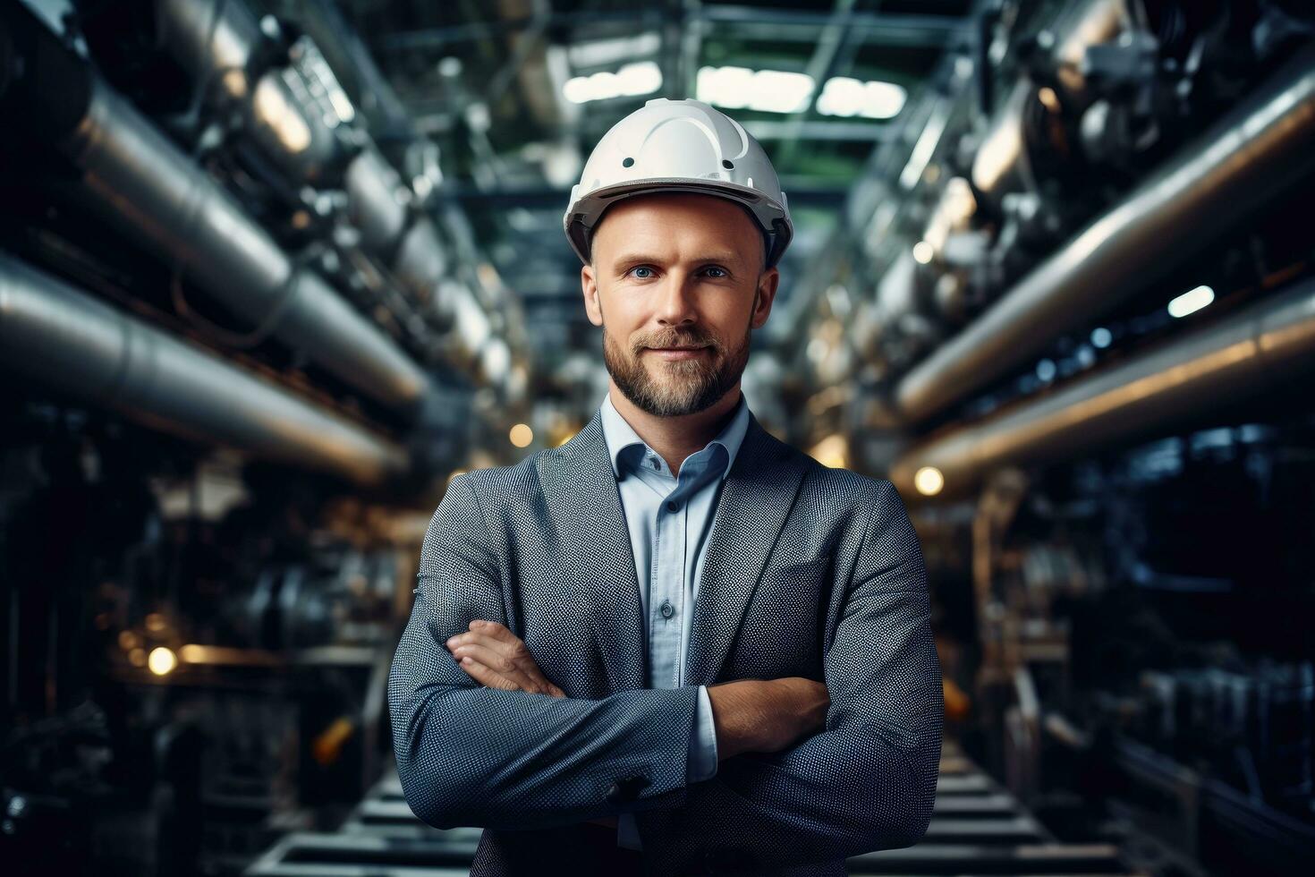 AI generated Portrait of a confident male engineer standing with crossed arms in a factory, A white Caucasian male professional engineer, AI Generated photo