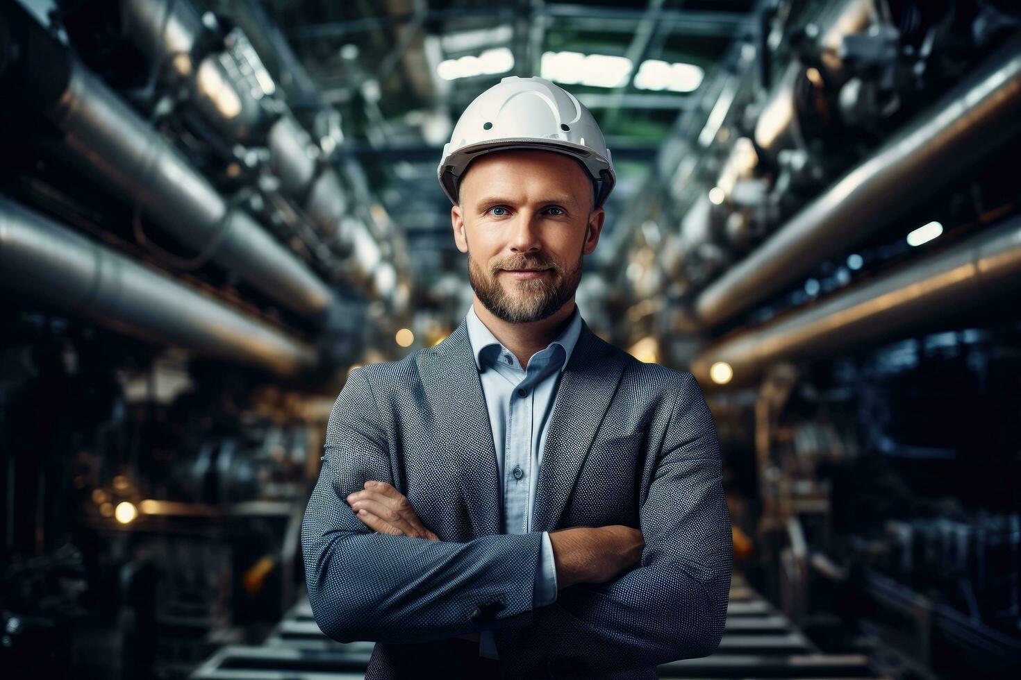 ai generado retrato de un confidente masculino ingeniero en pie con cruzado brazos en un fábrica, un blanco caucásico masculino profesional ingeniero, ai generado foto