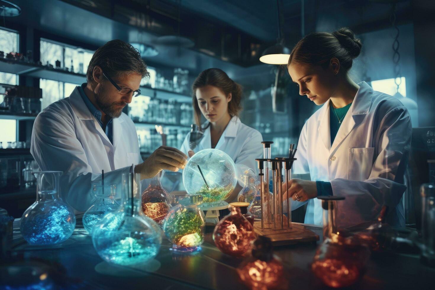 AI generated Scientist working in the laboratory. Scientific research and development concept, A team of medical research scientists working on a new generation disease cure, AI Generated photo