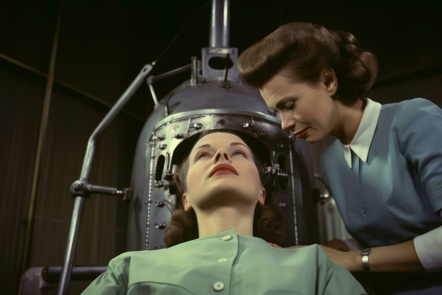 AI generated Female doctor and female patient looking at x-ray machine in hospital, A woman in the cabinet with eyes closed during a procedure made by a dentist and an assistant, AI Generated photo