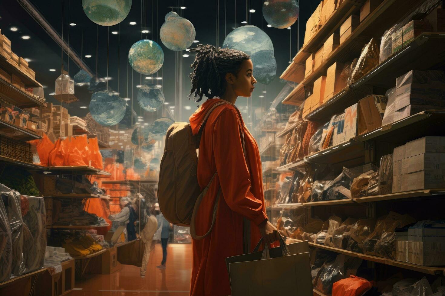 AI generated Side view of a young woman with a backpack standing in front of the shelves in the warehouse, A woman with shopping bags between store shelves, AI Generated photo