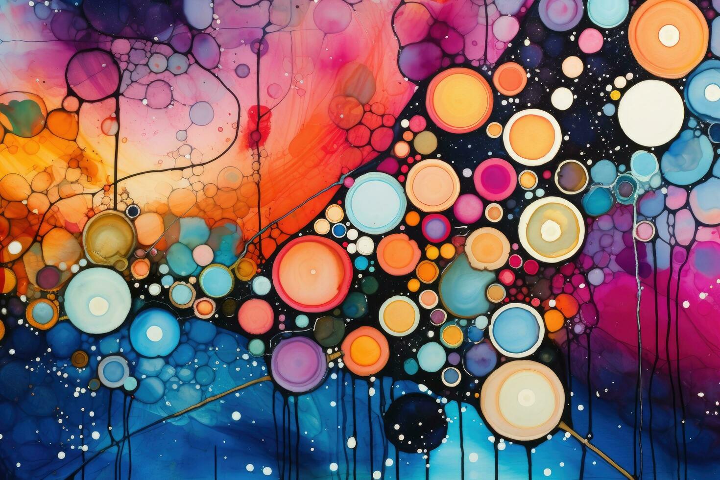 AI generated abstract colorful background with circles and drops of oil on watercolor paper, Abstract background created through a combination of dot painting and alcohol ink, AI Generated photo