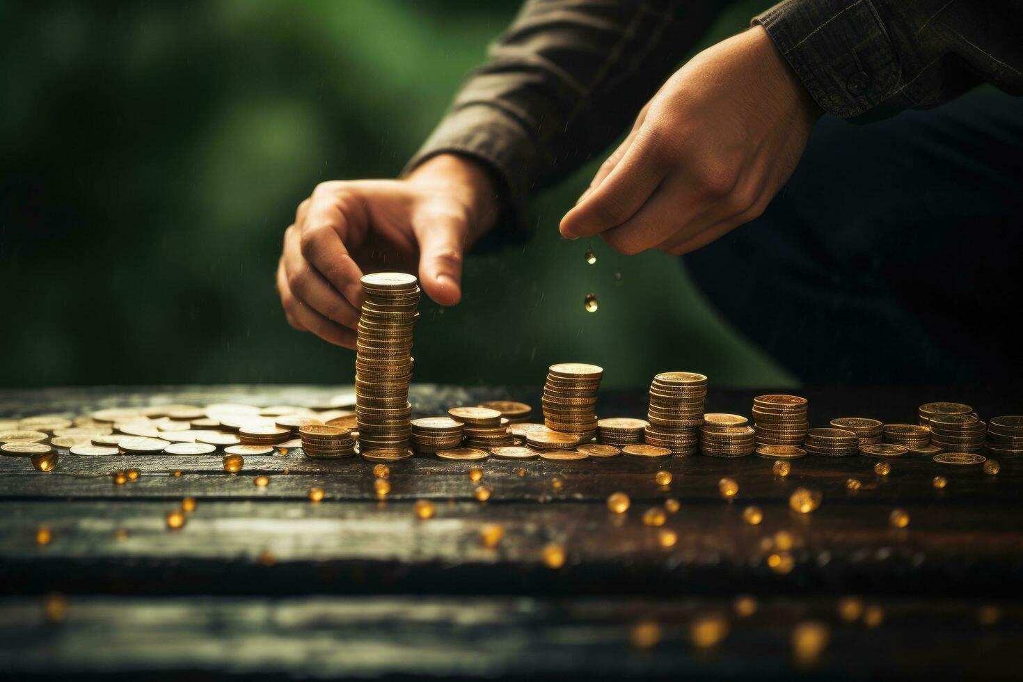 AI generated Investment concept, Coins stack growing on wooden table with bokeh background, A man placing golden coins on a board representing multiple streams of income, AI Generated photo
