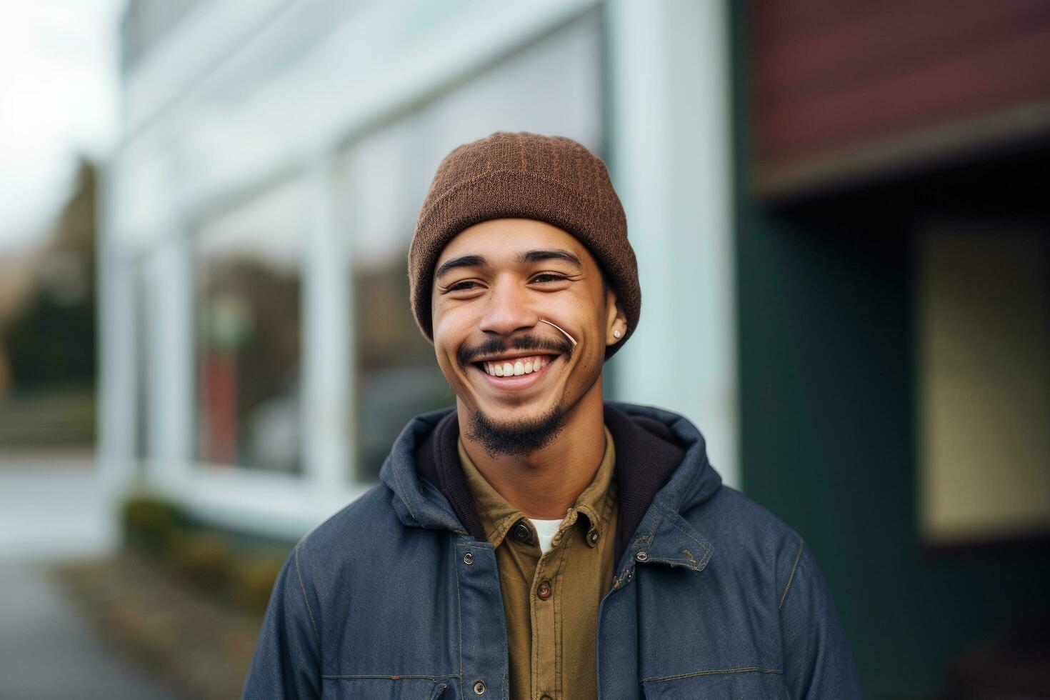 AI generated Portrait of a smiling young man in a hat standing outside a building, A mixed-race man smiling, AI Generated photo