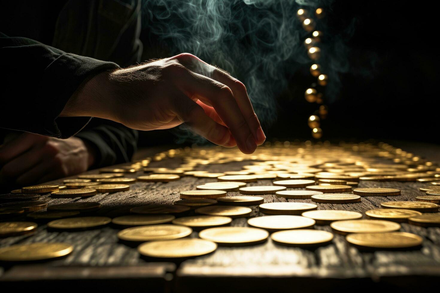 AI generated Man playing poker on wooden table with golden coins. Casino concept, A man placing golden coins on a board representing multiple streams of income, AI Generated photo