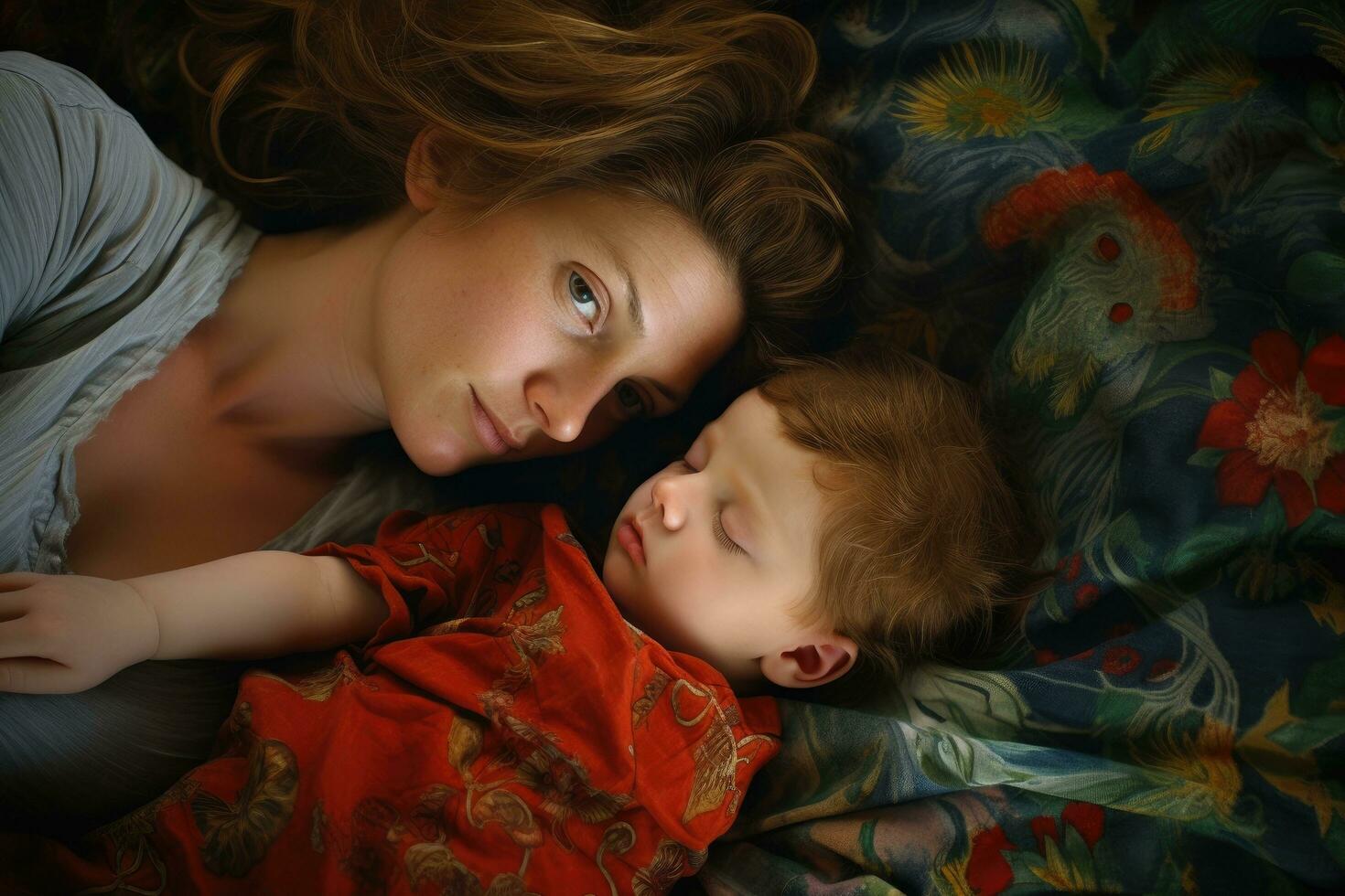 AI generated Mother and daughter sleeping in bed. Young woman and her child, A mother with her baby son lying in bed, AI Generated photo