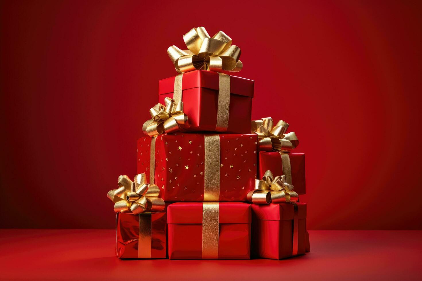 AI generated Gift boxes on a red background. 3d rendering toned image, A pile of presents with gold bows and bows on top of each other, with a red background, AI Generated photo