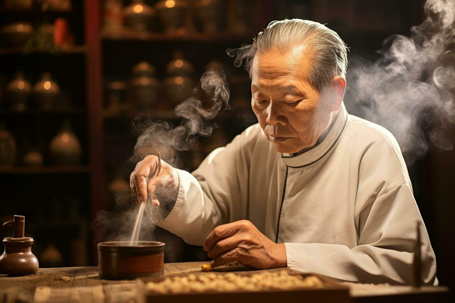 AI generated An elderly Chinese man smoking incense in a Chinese temple, close-up, A senior Chinese doctor giving moxibustion, AI Generated photo