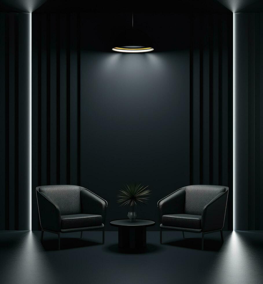 AI generated a dark room with 2 black chairs photo