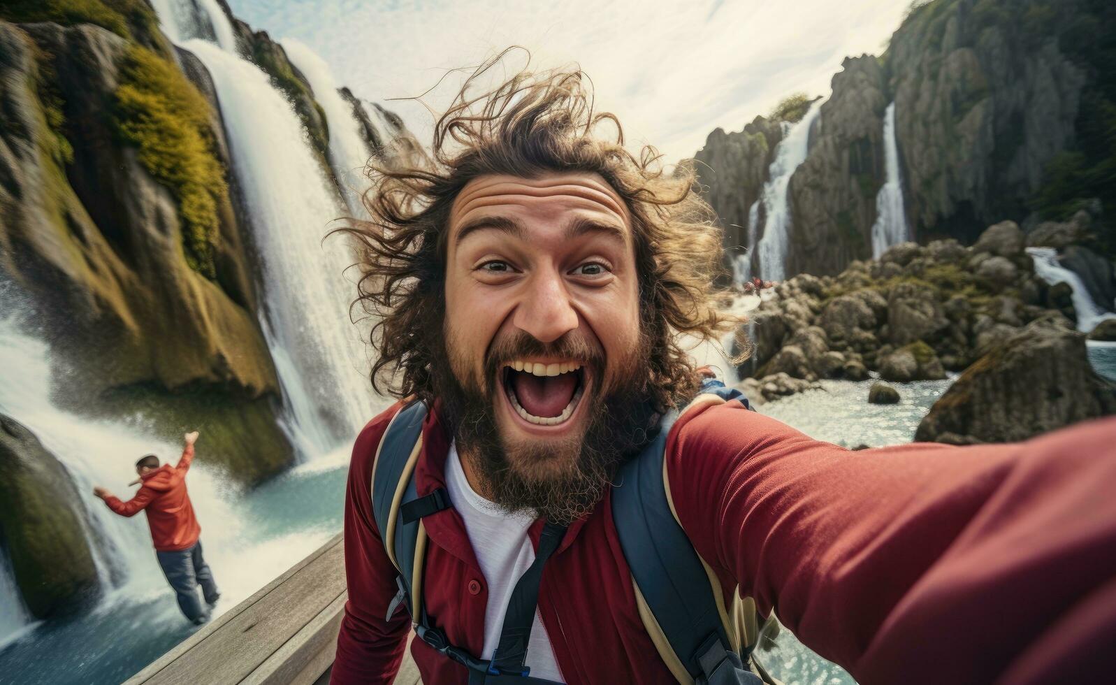 ai generado un chico tomando un selfie en frente de el cascada foto