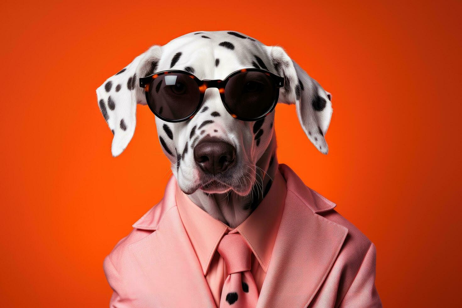 AI generated a dalmatian is wearing sunglasses and a pink and orange suit photo